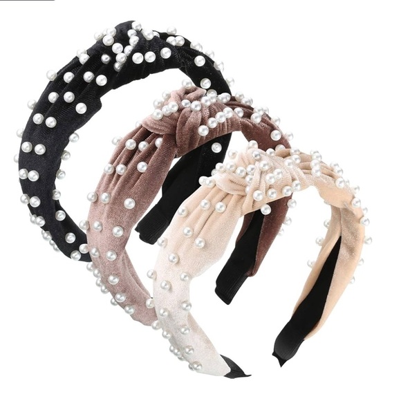 Accessories - Velvet Pearl Embellished Headband Set - Black, Brown, Cream